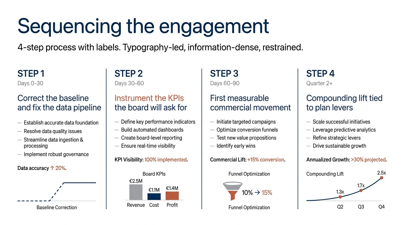 Sequencing the engagement | 4-step process with labels: Step 1 Days 0-30 Correct the baseline and fix the data pipeline;