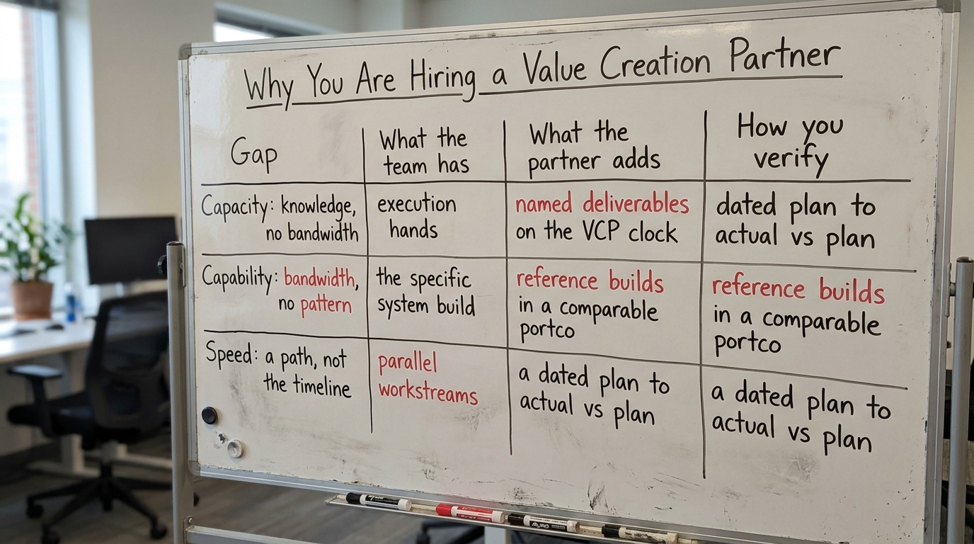 Why You Are Hiring a Value Creation Partner | TABLE with columns "Gap | What the team has | What the partner adds | How 