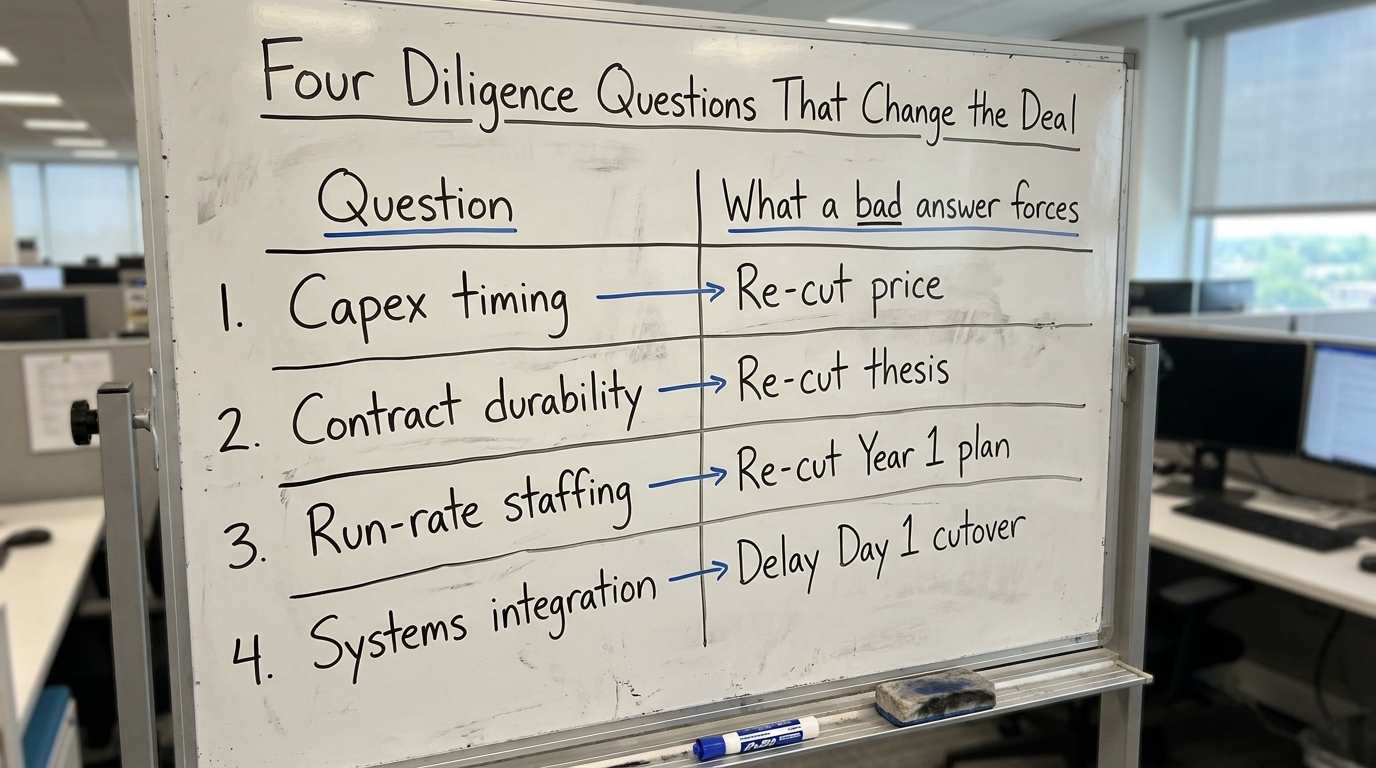 Four Diligence Questions That Change the Deal | a TABLE with columns "Question" and "What a bad answer forces" and rows: