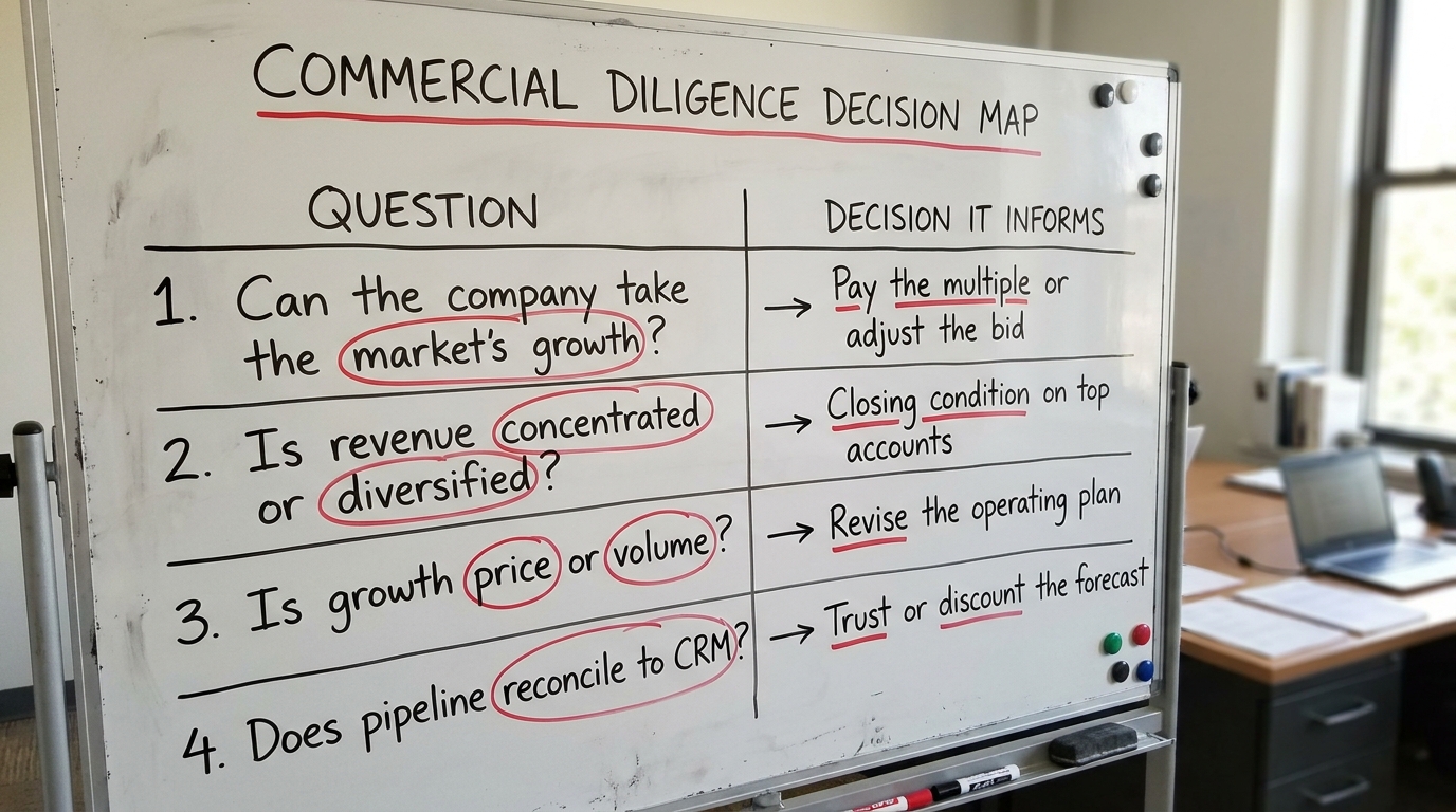Commercial Diligence Decision Map | a 4-row table with columns "Question" and "Decision it informs": Row 1 "Can the comp