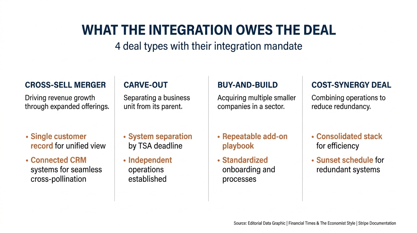 What the integration owes the deal | 4 deal types with their integration mandate -- Cross-sell merger: single customer r