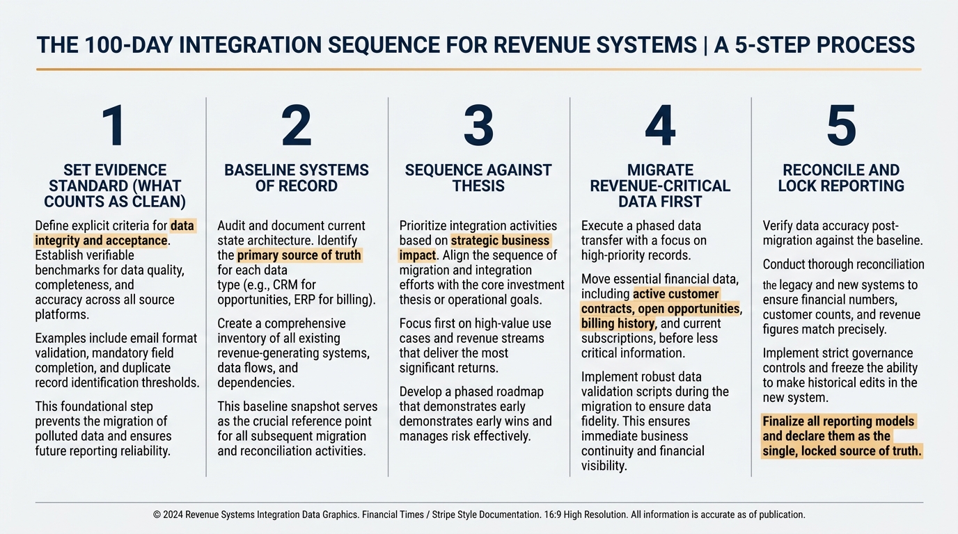 The 100-Day Integration Sequence for Revenue Systems | 5-step process: 1. Set evidence standard (what counts as clean) 2