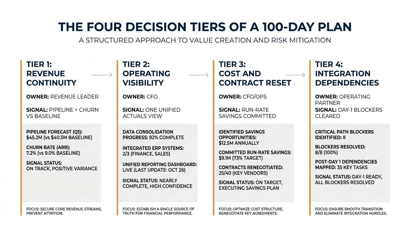 The Four Decision Tiers of a 100-Day Plan | Tier 1 Revenue continuity (owner: revenue leader, signal: pipeline + churn v