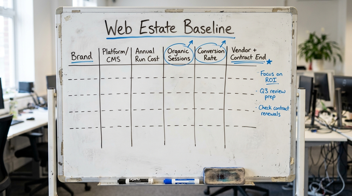 Web Estate Baseline | a TABLE with columns Brand, Platform/CMS, Annual Run Cost, Organic Sessions, Conversion Rate, Vend