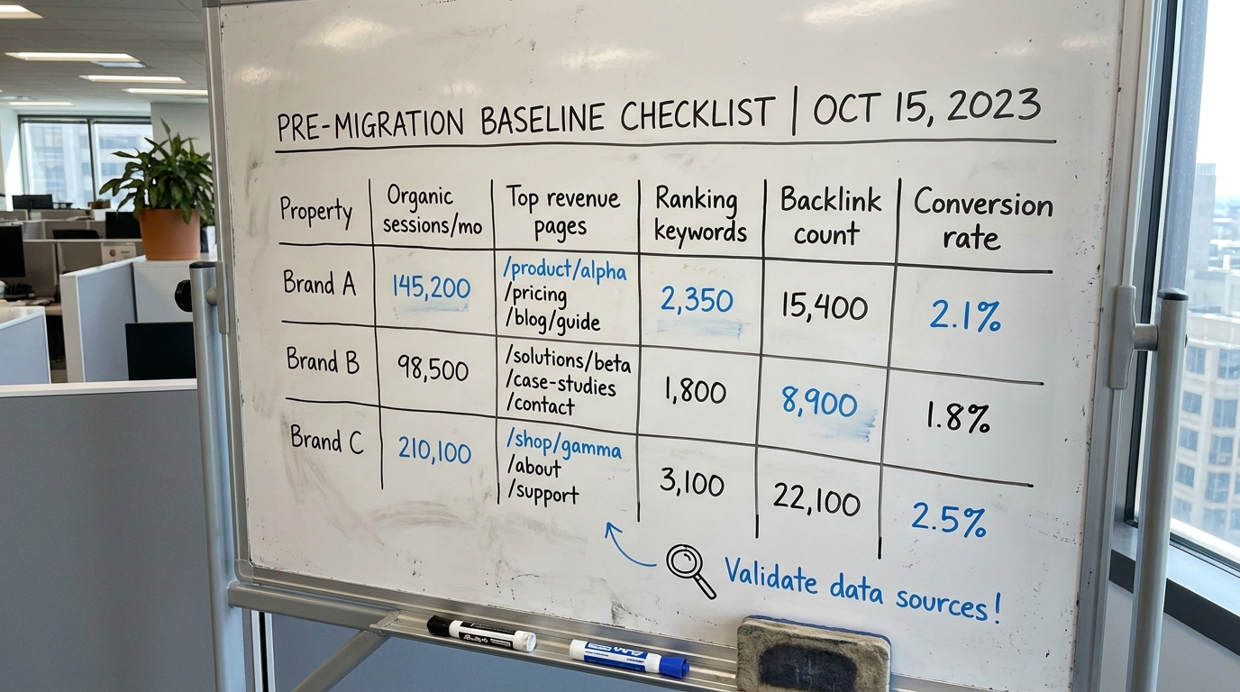 Pre-Migration Baseline Checklist | a TABLE with columns "Property | Organic sessions/mo | Top revenue pages | Ranking ke