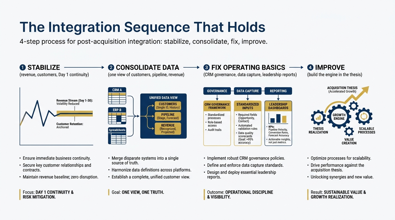 The Integration Sequence That Holds | 4-step process: 1 Stabilize (revenue, customers, Day 1 continuity) → 2 Consolidate