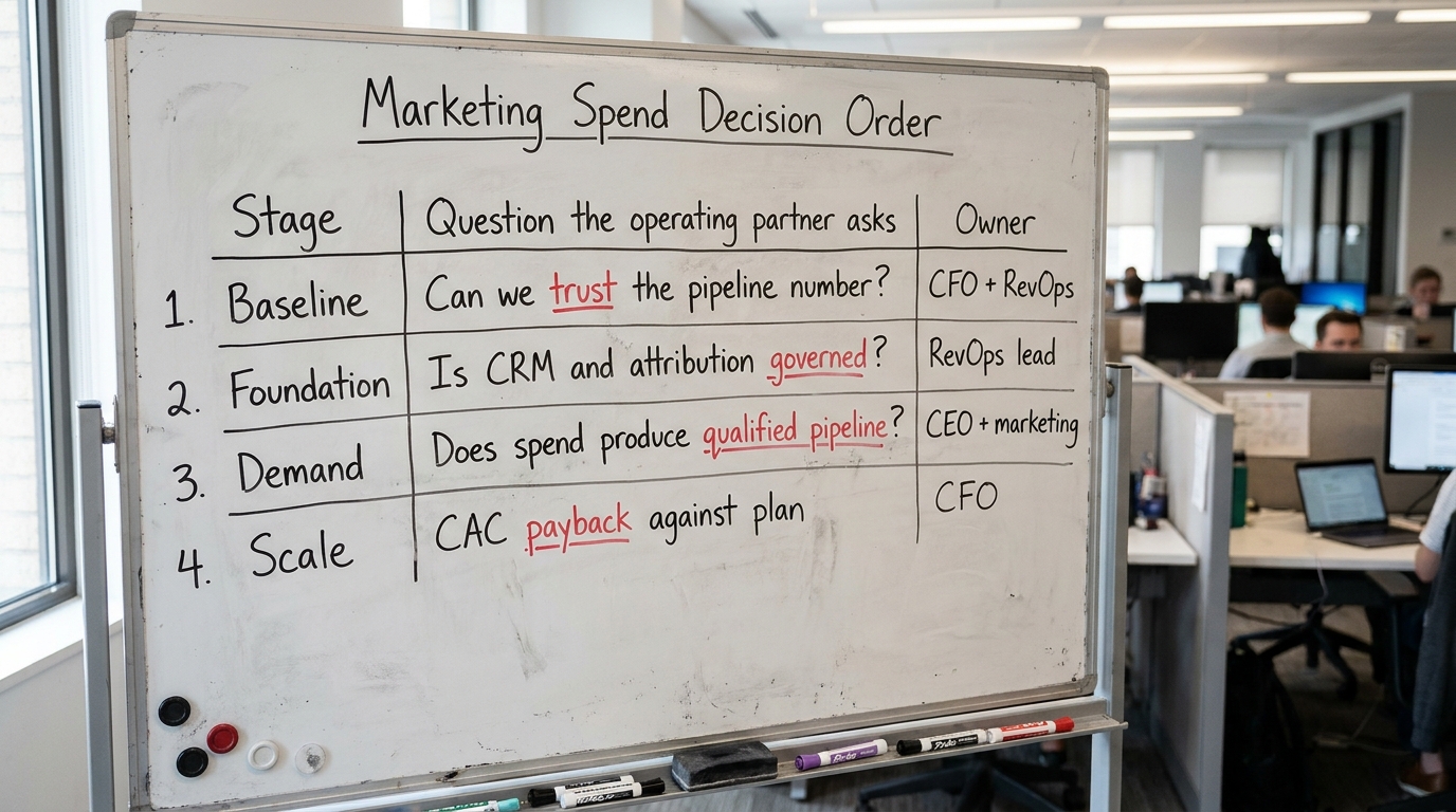 Marketing Spend Decision Order | a 4-row table with columns "Stage", "Question the operating partner asks", "Owner" - Ro