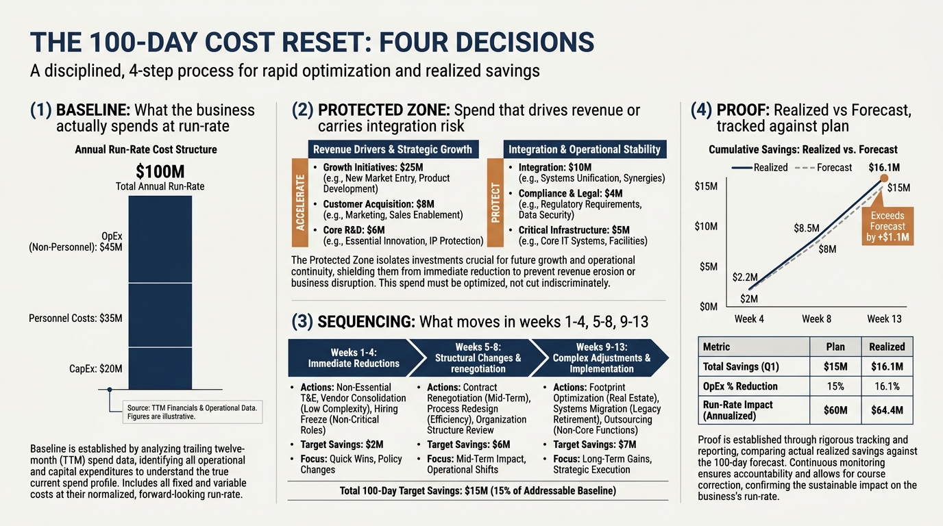 The 100-Day Cost Reset, four decisions | 4-step process with labels: (1) Baseline, what the business actually spends at 