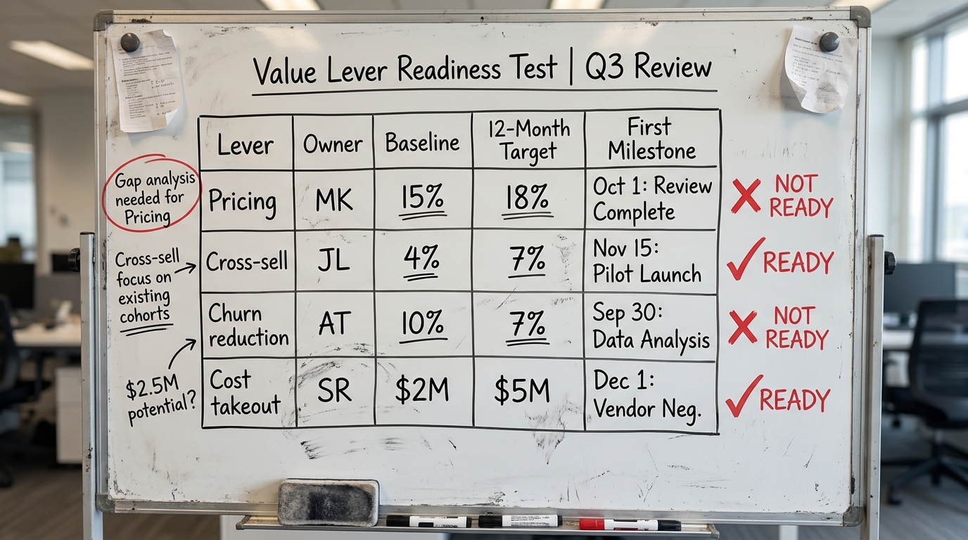 Value Lever Readiness Test | a TABLE with columns Lever, Owner, Baseline, 12-Month Target, First Milestone; rows for Pri
