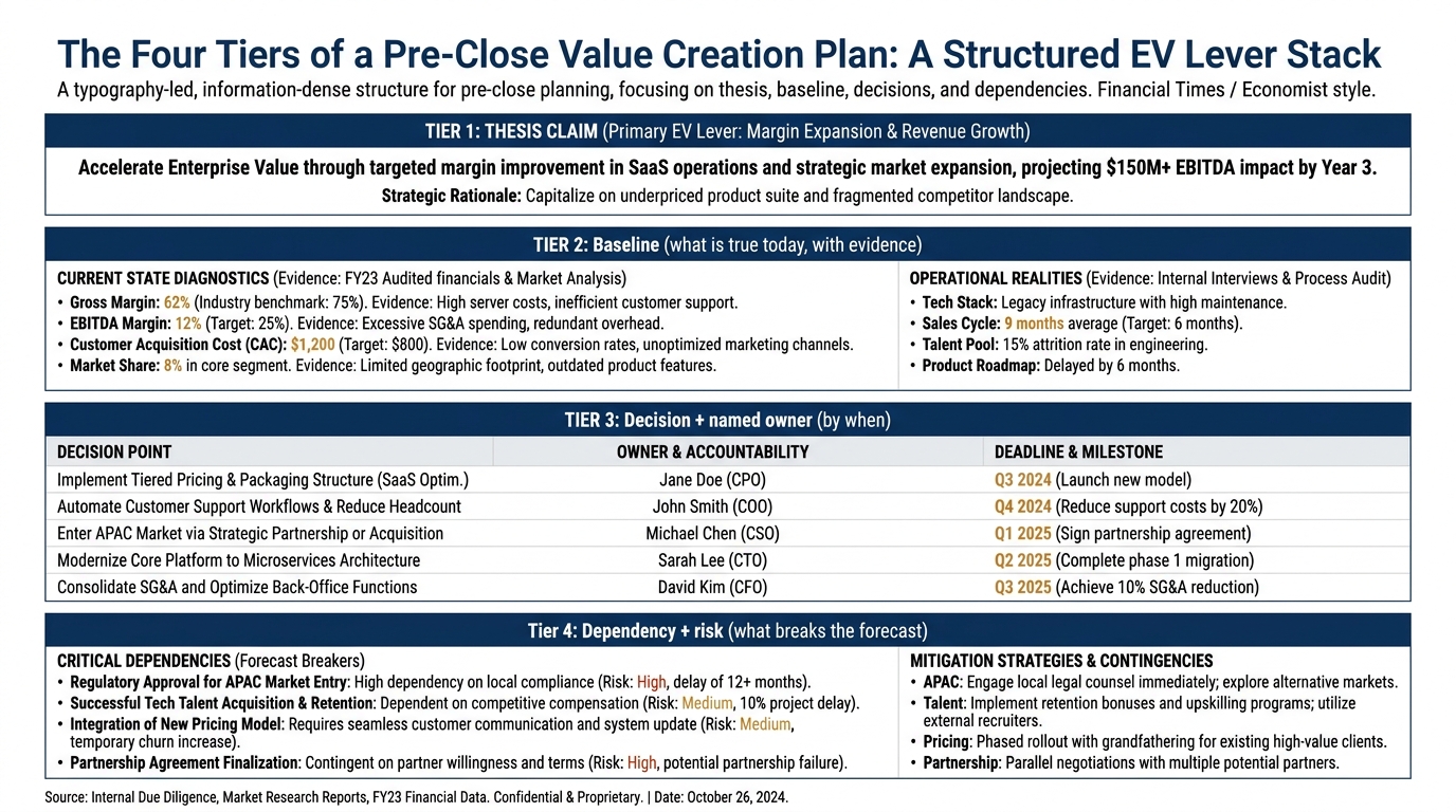 The Four Tiers of a Pre-Close Value Creation Plan | 4-tier stack: Tier 1 Thesis claim (which EV lever) → Tier 2 Baseline