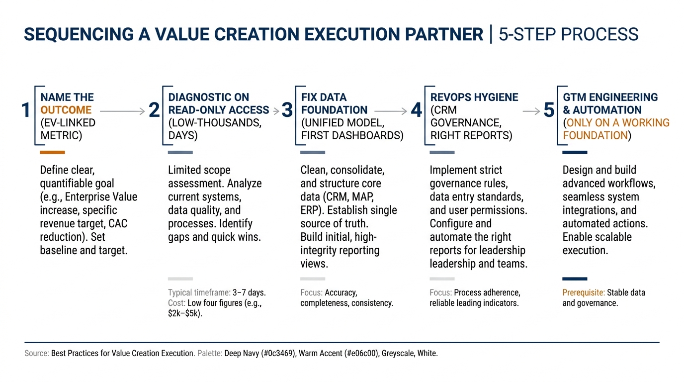 How to sequence a value creation execution partner | 5-step process: 1 Name the outcome (EV-linked metric) → 2 Diagnosti