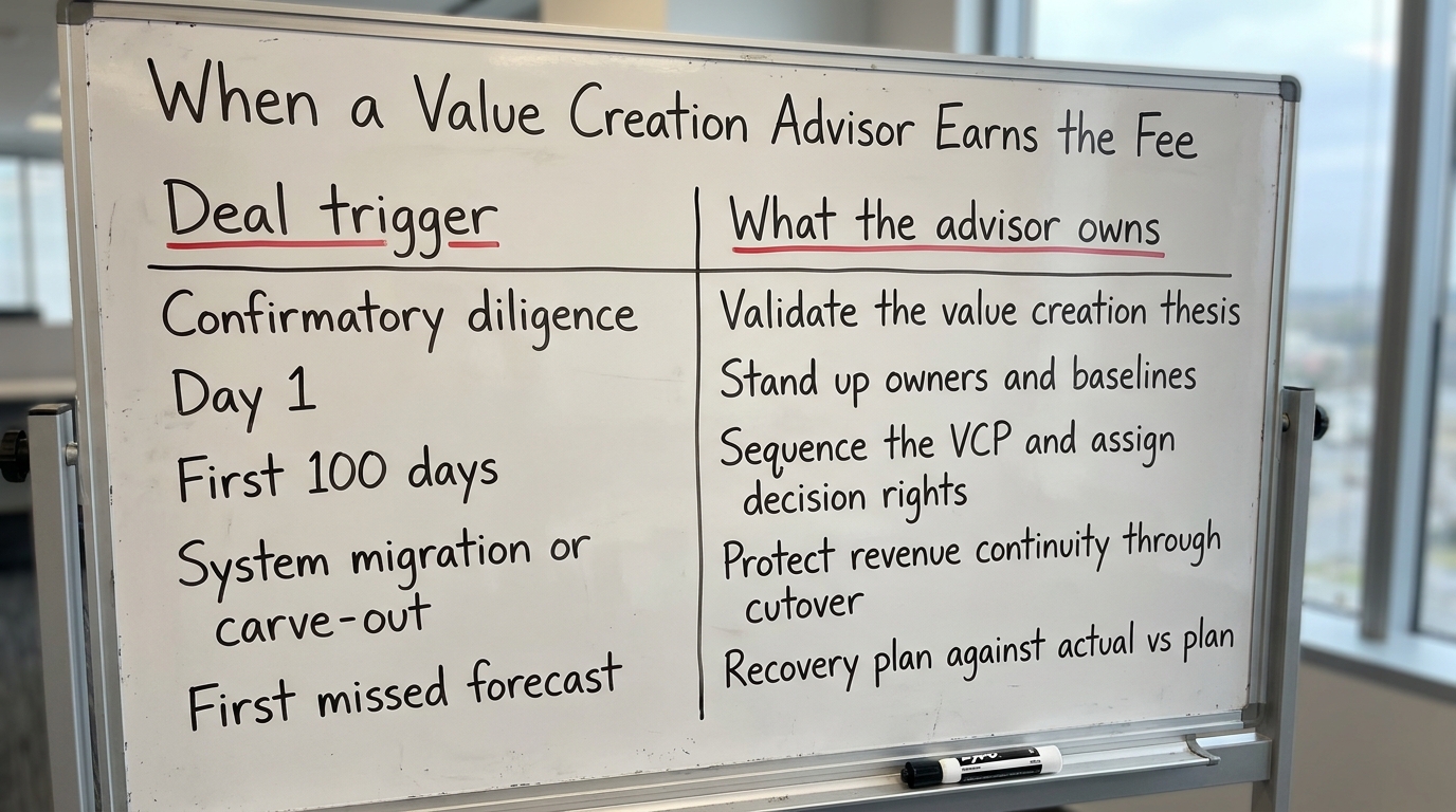 When a Value Creation Advisor Earns the Fee | a 2-column table. Left column "Deal trigger": Confirmatory diligence / Day