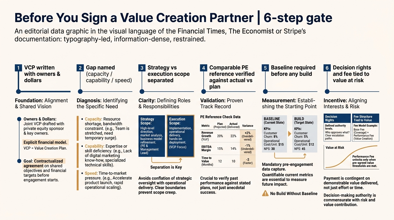 Before You Sign a Value Creation Partner | 6-step gate: 1 VCP written with owners and dollars · 2 Gap named (capacity / 
