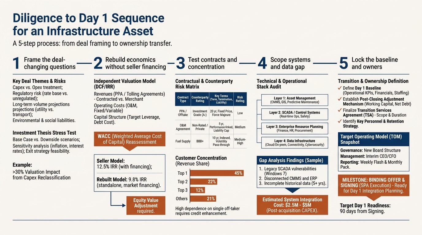Diligence to Day 1 Sequence for an Infrastructure Asset | a 5-step process with labels: 1 Frame the deal-changing questi