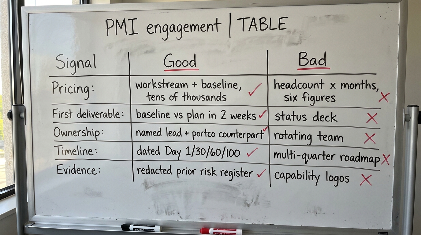 Judge the PMI engagement | TABLE with columns: Signal | Good | Bad -- Pricing: workstream + baseline, tens of thousands 