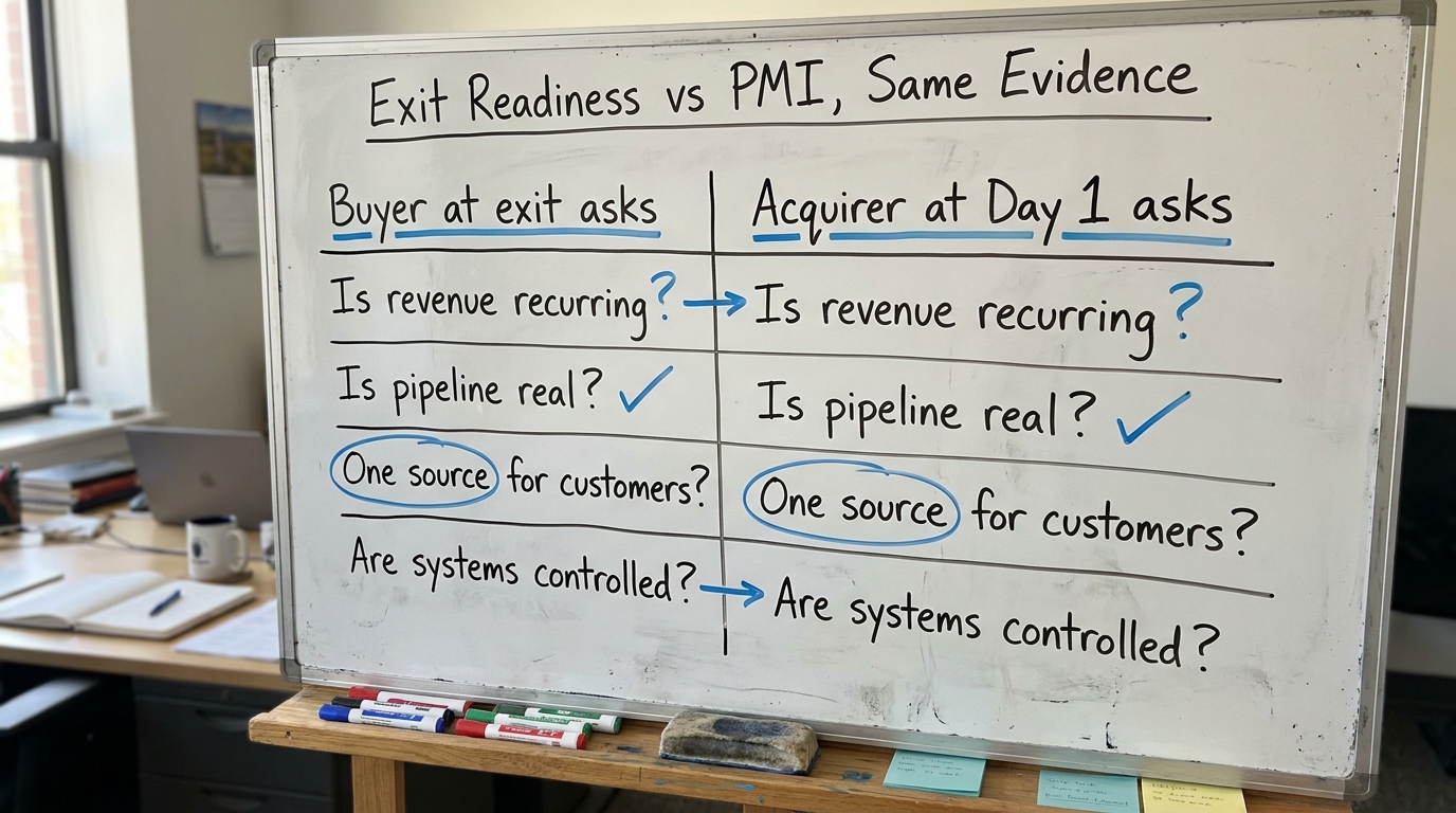 Exit Readiness vs PMI, Same Evidence | comparison table: Column 1 "Buyer at exit asks" | Column 2 "Acquirer at Day 1 ask