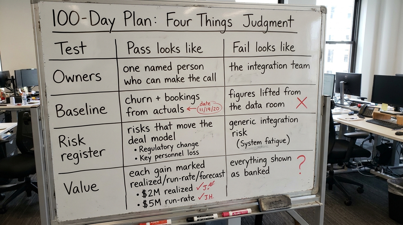Judge the 100-Day Plan on Four Things | Column headers: Test | Pass looks like | Fail looks like. Row 1 Owners: one name