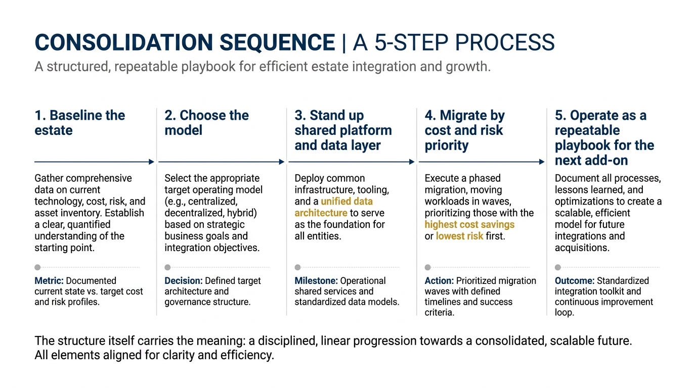 Consolidation Sequence | a 5-step process: 1 Baseline the estate, 2 Choose the model, 3 Stand up shared platform and dat