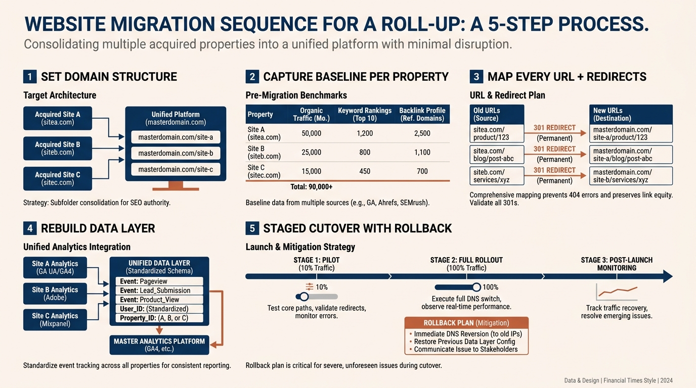 Website Migration Sequence for a Roll-Up | a 5-step process: 1 Set domain structure, 2 Capture baseline per property, 3 
