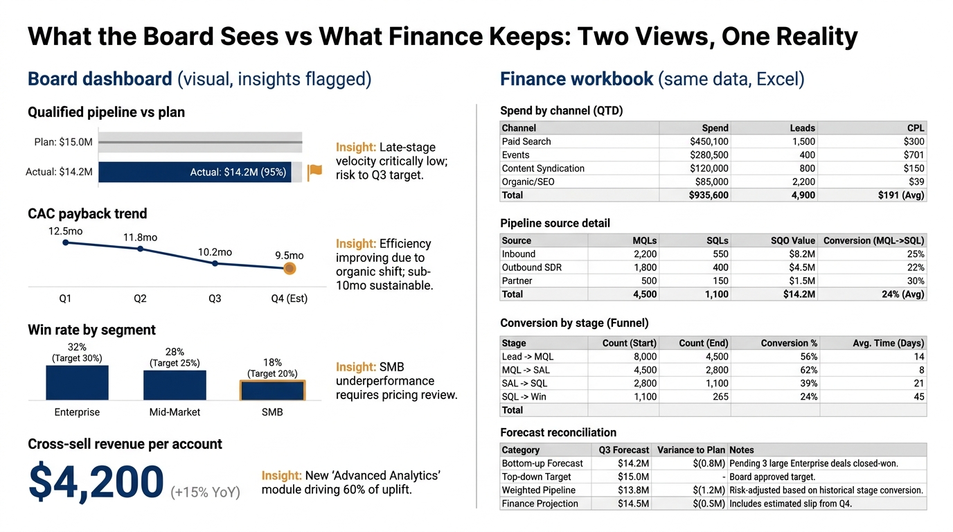 What the Board Sees vs What Finance Keeps | two columns - "Board dashboard (visual, insights flagged)": Qualified pipeli