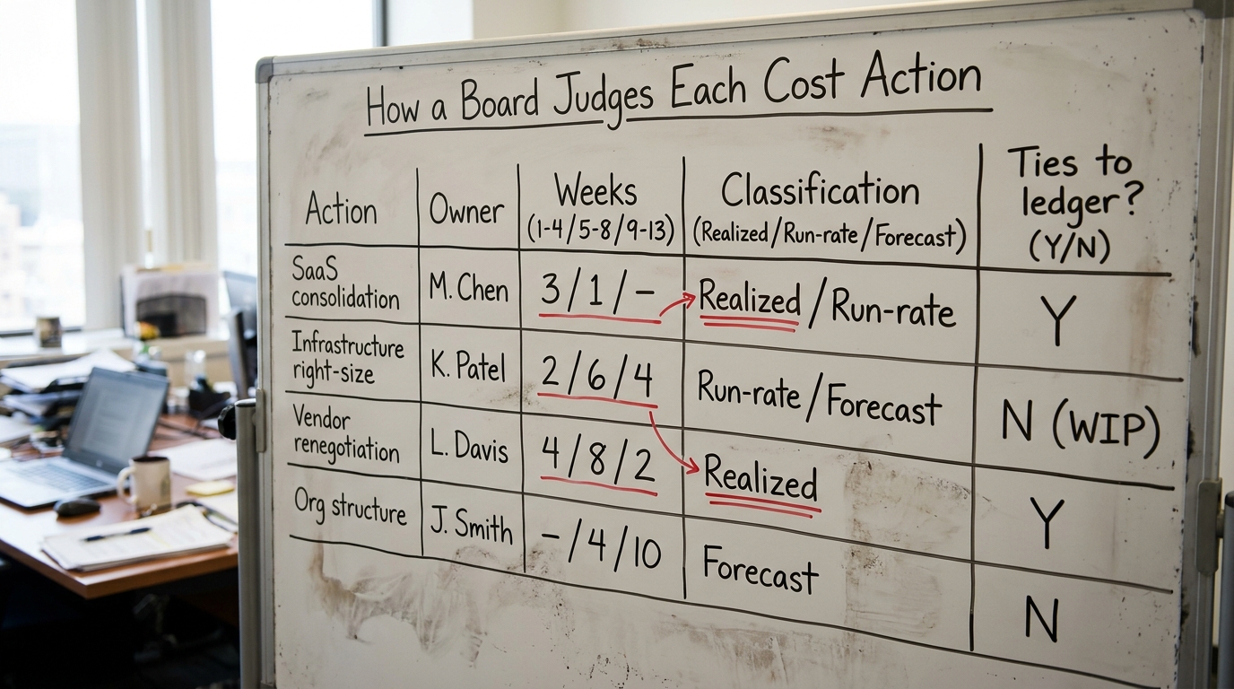 How a Board Judges Each Cost Action | table with columns: Action | Owner | Weeks (1-4 / 5-8 / 9-13) | Classification (Re