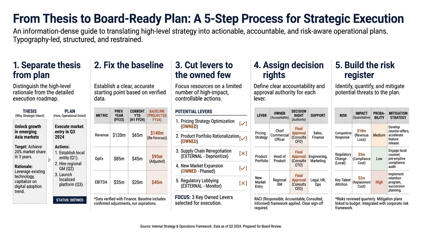 From Thesis to Board-Ready Plan | a 5-step process: Separate thesis from plan, Fix the baseline, Cut levers to the owned