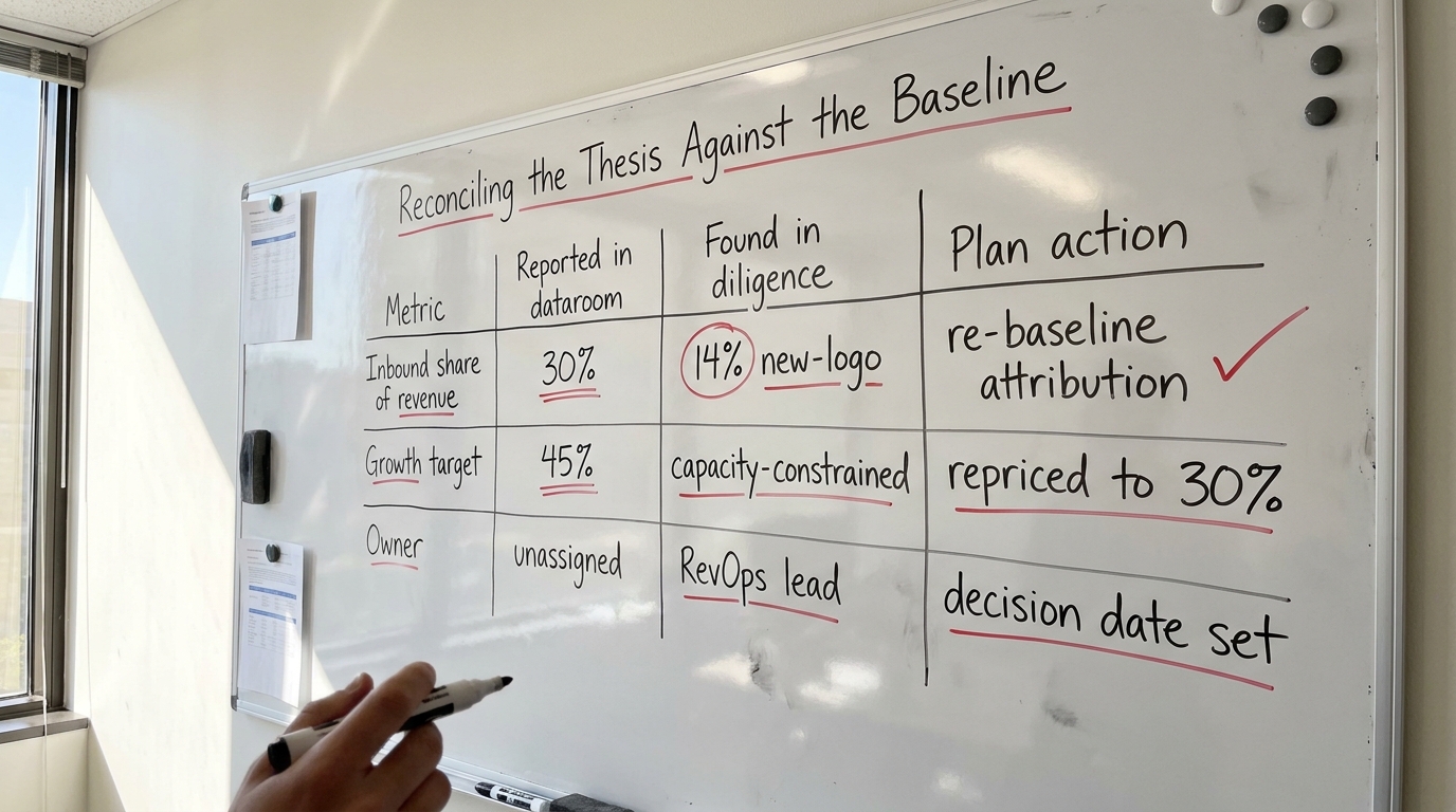 Reconciling the Thesis Against the Baseline | table with columns Metric | Reported in dataroom | Found in diligence | Pl