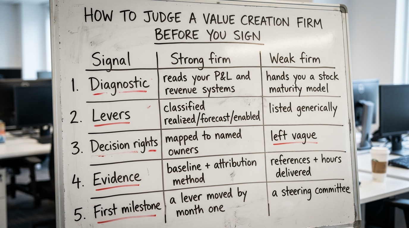 How to judge a value creation firm before you sign | TABLE with columns: Signal | Strong firm | Weak firm. Rows: Diagnos