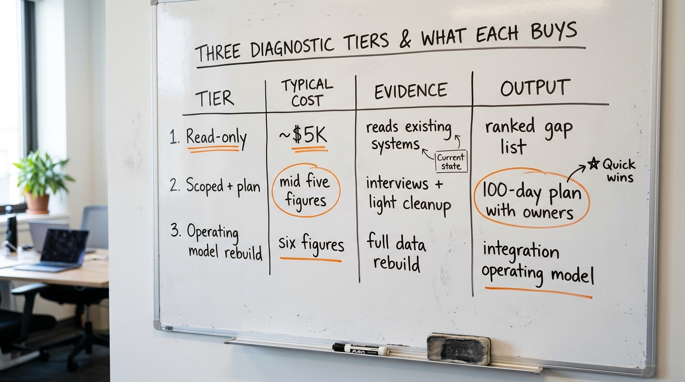 Three Diagnostic Tiers and What Each Buys | table with columns Tier / Typical cost / Evidence / Output. Row 1: Read-only