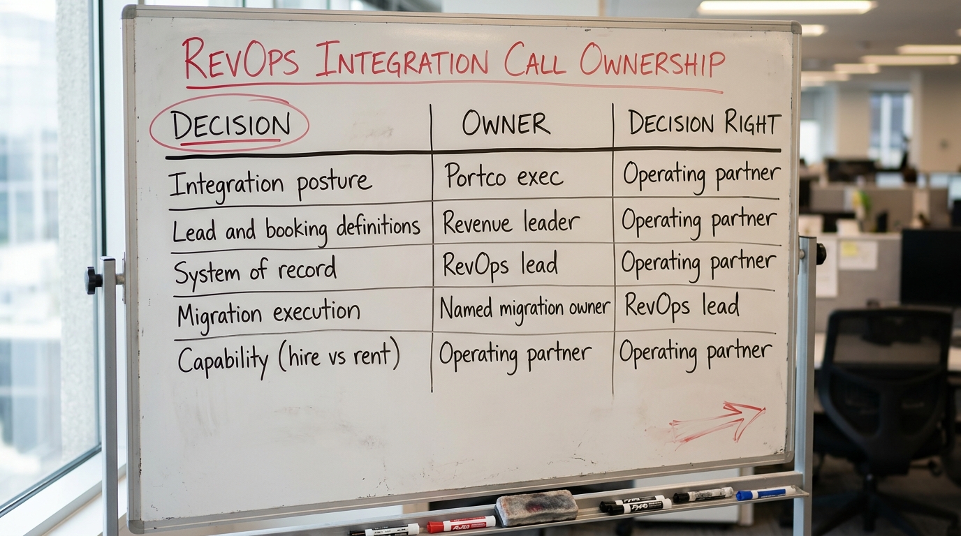Who Owns Each RevOps Integration Call | TABLE. Columns: Decision | Owner | Decision right. Rows: Integration posture / P