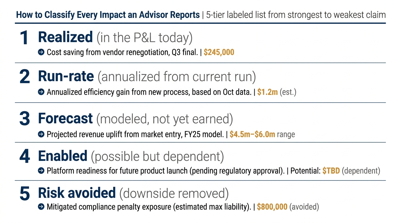 How to Classify Every Impact an Advisor Reports | a 5-tier labeled list from strongest to weakest claim: 1 Realized (in 